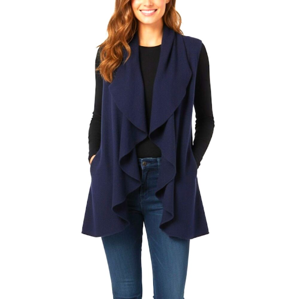 Alashan Cashmere Navy Blue 100% Cashmere Open Front Cascade Vest Size M